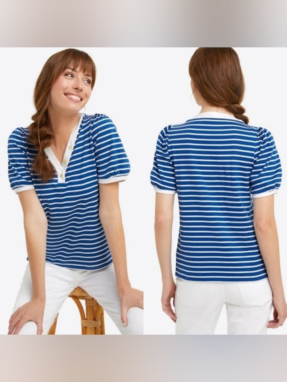 Draper James | NWT Blue Striped Cotton Puff Sleeve Top Size 1X